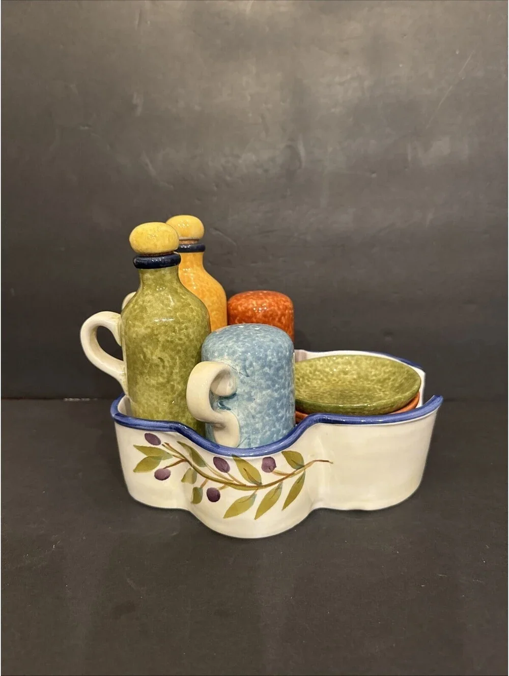 Casa Elite Provincial Olives Cruet Set Salt Pepper Oil Vinegar W Dipping Dishes